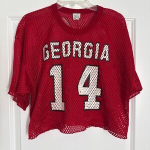 VTG 80s Sand Knit UGA Georgia Bulldogs Crop Top Mesh Jersey LARGE #14 STOCKTON